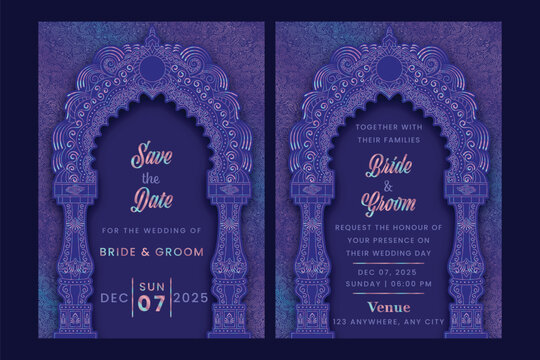 Elegant Save the Date and Wedding Invitation set featuring traditional South Asian architectural arch, intricate floral patterns, and holographic typography on a premium dark blue background.