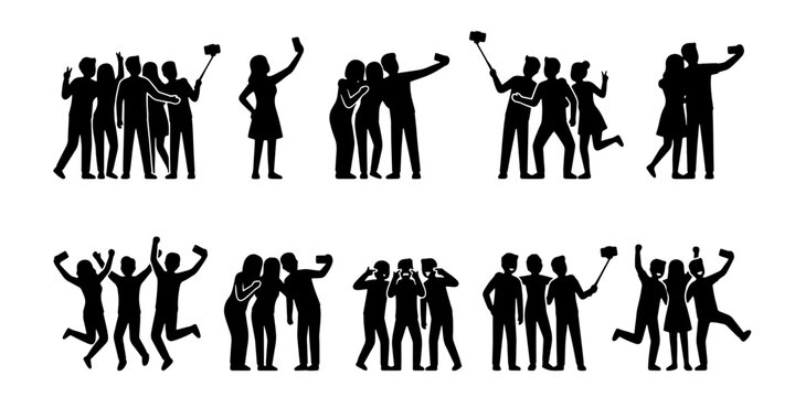 People taking selfie silhouettes, group of friends posing for mobile phone photos, collection of 10 vector icons of tourists and teenagers using smartphones