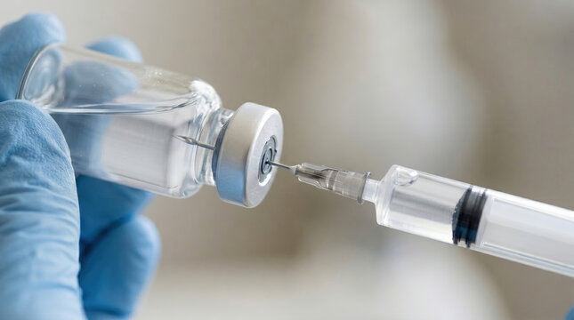 Careful medical worker wearing blue glove holding plastic syringe and glass vial extracting liquid vaccine using sharp needle for patient healthcare treatment in sterile clinic setting