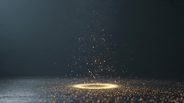 Mystical Golden Light Particles Bursting Upwards from a Glowing Ring on Dark Surface