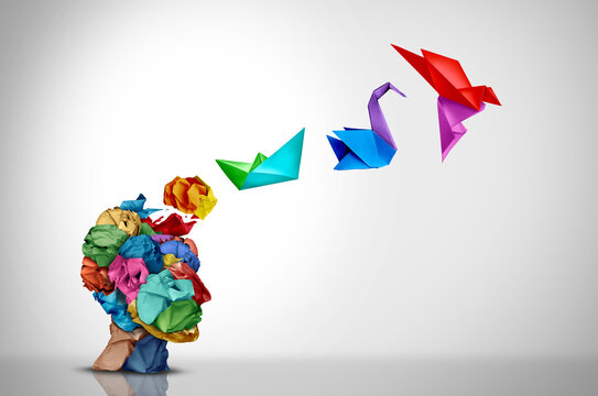 Innovative Development Thinking idea and human designer creative mind concept or brainstorm ideas with smart design thinking as origami symbols.