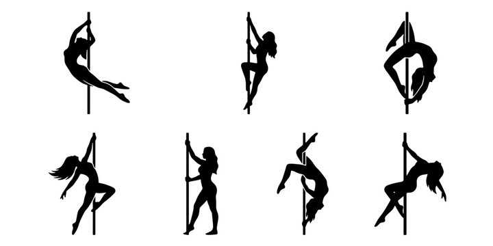 Pole dancer silhouette collection, set of 7 female fitness icons, athletic woman performing acrobatic pole dance poses, black vector graphics