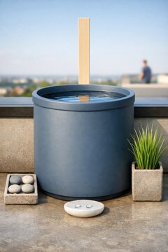 Rain barrel with measuring stick on balcony water saving setup