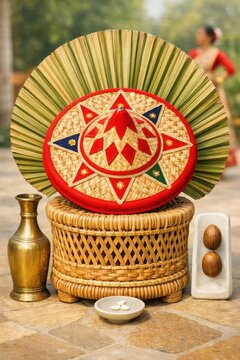 Bohag Bihu decor with jaapi hat and festive Assamese display