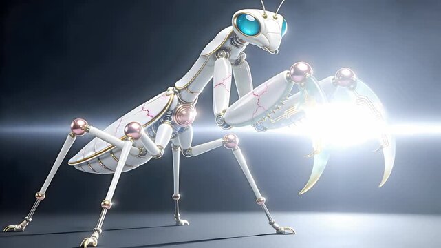 AI Precision Harvesting Concept: Stationary 3D Mechanical Mantis with Pulsing Jade Sickles, Professional VFX Isolated Asset, 4K Stable Render on Black