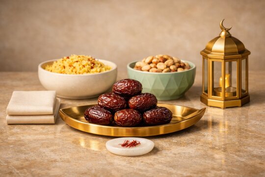 Eid feast preparation with dates grains and lantern on serving table
