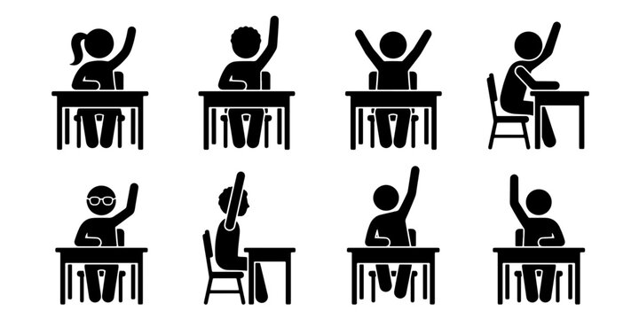 School student stick figure icons, classroom pupils sitting at desks with raised hands, education and learning vector set of 8 black silhouettes