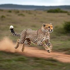 Obraz premium Powerful cheetah running at high speed across an open African savanna kicking up dry dust