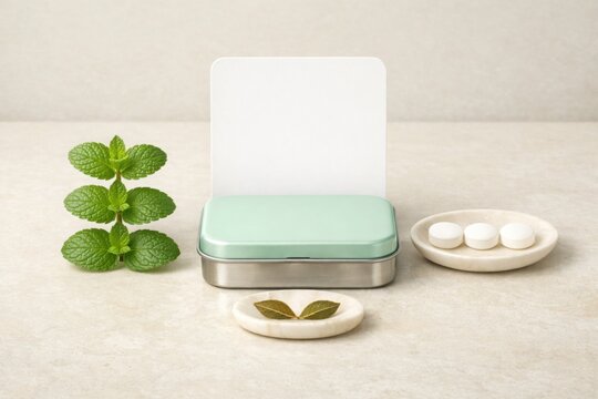Mint tin with blank card and lozenge dish in wellness still life