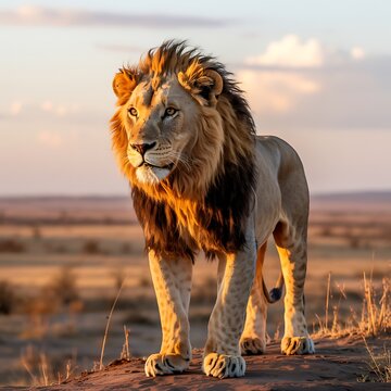 Powerful male lion with a magnificent mane standing on a ridge looking left at sunset