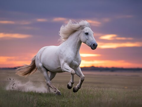 Powerful white horse galloping with flowing mane and tail under a dramatic vibrant sunset sky