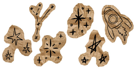 Hand-drawn space and star doodle set on torn kraft crumpled paper cutouts for scrapbooking. Collection including chalk rocket ship and constellations. DIY zine elements on transparent background © Marharyta