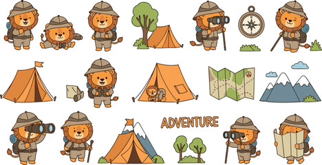Cute lion explorer adventure set cartoon safari characters with camping equipment map tent compass travel illustration collection © Shekhor studioBD