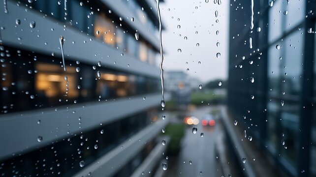 Rainy city street view from a window with water droplets on it during a stormy day