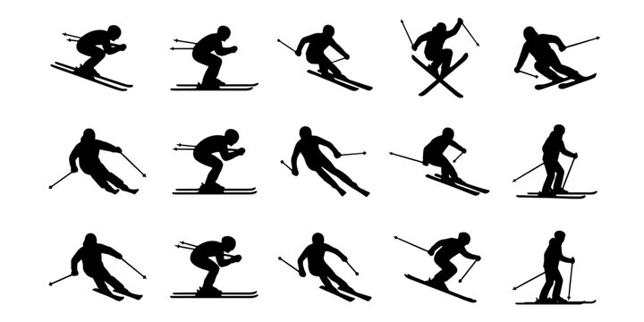 Skiing silhouette vector set, 15 black skier icons in various action poses, downhill winter sports athlete collection, alpine skiing graphic elements
