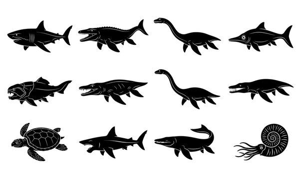 Prehistoric Marine Animals Silhouette Vector Set, Extinct Sea Monsters Bundle with Typography Labels