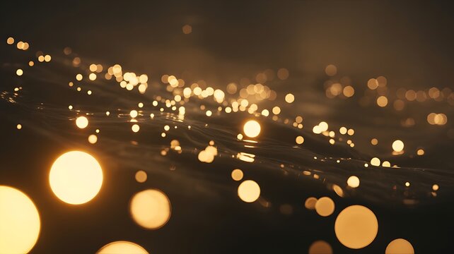 Shimmering golden bokeh lights dancing elegantly across a rippling dark liquid surface with warmth