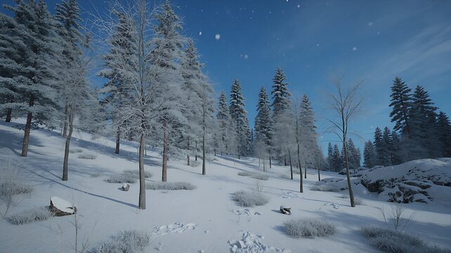 Snowy forest landscape with frosted trees and bushes under a clear blue sky