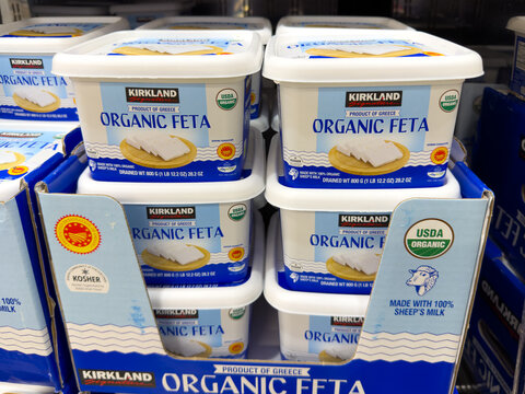 Plastic containers of organic feta cheese made with sheep milk and certified kosher