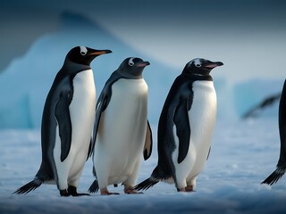 Fototapeta premium Three Adelie penguins standing on snowy terrain with icebergs in the background