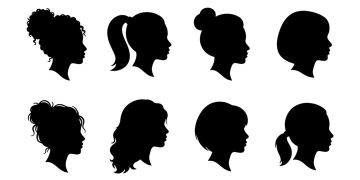 Woman profile silhouette collection, set of 8 female head icons with diverse hairstyles, black side view portraits for beauty and fashion design