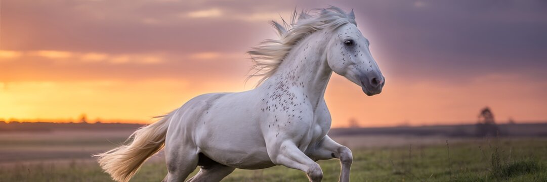 White horse gallops across an open field during a beautiful golden hour sunset