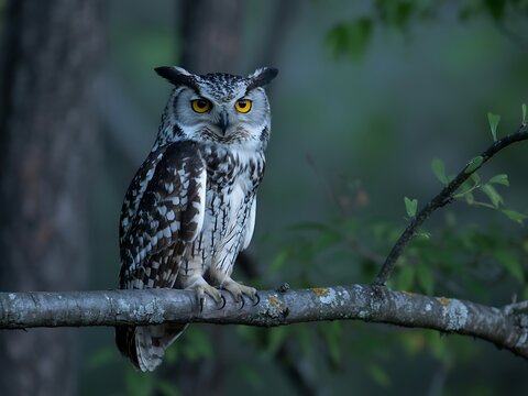 Wise spotted owl gazing intently from a rustic tree branch within a misty forest setting