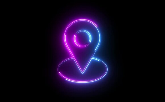 Abstract location glowing neon icon fast tracking map pin icon animation on black background.
