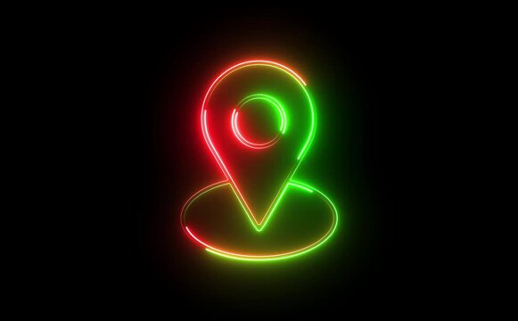 Abstract location glowing neon icon fast tracking map pin icon animation on black background.