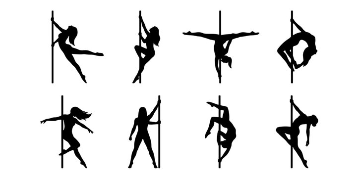 Pole dance silhouette collection, 8 athletic female dancer icons, professional striptease and fitness poses, black vector graphics on white background