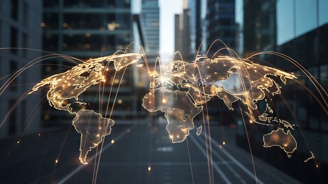 World map with glowing lines illustrating global business connections and data transfer across continents