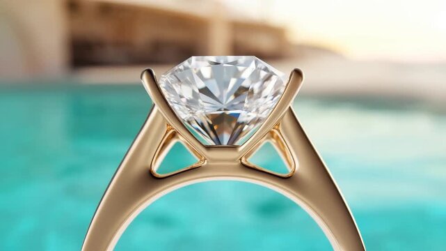 Slow motion tracking dolly shot of gold engagement solitaire ring rotating and sparkling over poolside water backdrop