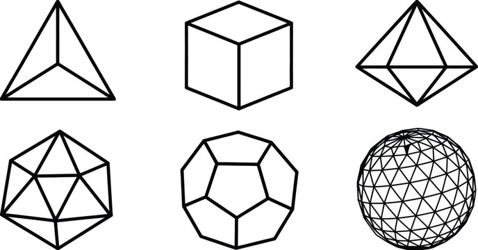Minimalist black line art six basic geometric shapes including tetrahedron, cube, octahedron, icosahedron, dodecahedron, and sphere icons on white, abstract geometry illustration