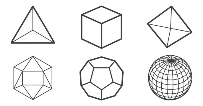 Minimalist black line art six basic geometric shapes including tetrahedron, cube, octahedron, icosahedron, dodecahedron, and sphere icons on white, abstract geometry illustration