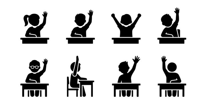 School students raising hands in classroom, set of 8 black silhouette icons of children sitting at desks, elementary education and learning vector