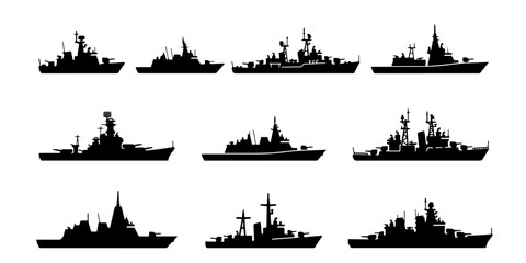 Military warship silhouettes set, collection of 10 navy vessel icons, black battleship and destroyer vector shapes for marine defense and naval history © Shakhawat
