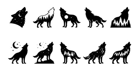 Howling wolf silhouette collection, 10 celestial wolf icons with forest and moon details, black and white wildlife vector set for logos and tattoos © Shakhawat