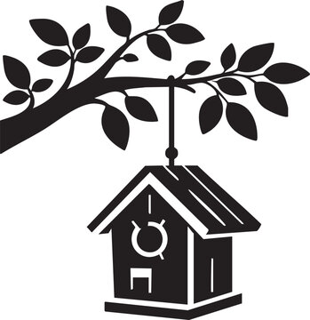 Black and white birdhouse hanging from a tree branch with leaves