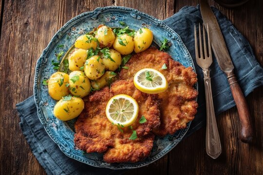 Traditional Wiener schnitzel with potatoes and fresh lemon