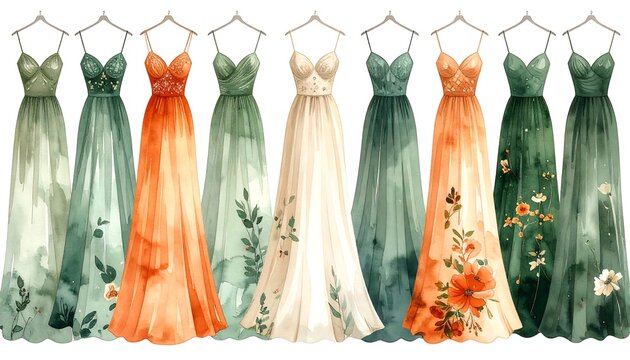 Row of long formal gowns in varying greens, oranges, and creams hanging from hangers