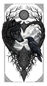 Celtic Wolf and Raven Mystical Heart Illustration