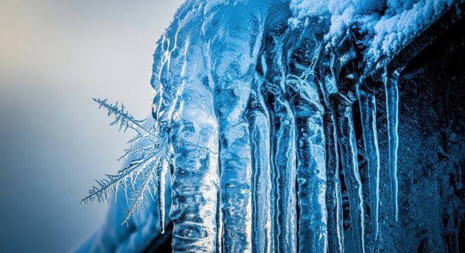 Sharp, crystalline formation of frozen water hanging perilously from a roofline in winter. Clear textures showing cold weather and severe frost, wintertime, water, danger