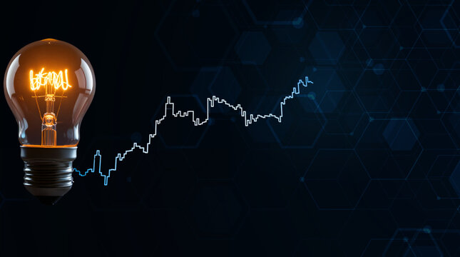 financial strategy, glowing light bulb with stock market candlestick chart and abstract digital data network