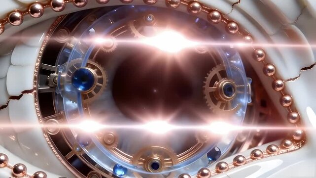 AI Visual Intelligence Concept: Macro 3D Mechanical Eye with Pulsing Energy Flare, Kintsugi White Porcelain and Sapphire, Professional VFX Isolated Asset, 4K Stable Render on Black
