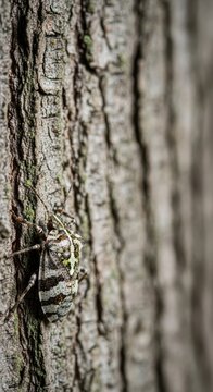 Cryptic coloration of a small insect blending seamlessly with rough textured tree bark, demonstrating effective natural defense mechanism, ecosystem, grey, animal