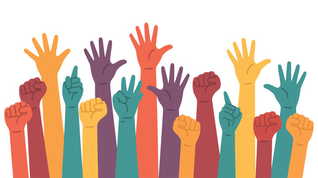 Multi-colored silhouettes of human hands and clenched fists raised in unity on white background, concept for business collaboration, community diversity, social justice activism