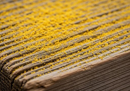 Macro shot of fine yellow pollen dust covering a rough, textured wooden surface, highlighting spring allergies and natural decay, yellow dust, brown, pollen