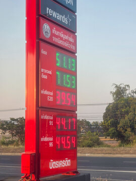 A red Caltex gas station pylon sign in Thailand displays high fuel prices, including Premium Diesel at 71.53 Baht per liter, on April  6, 2026.