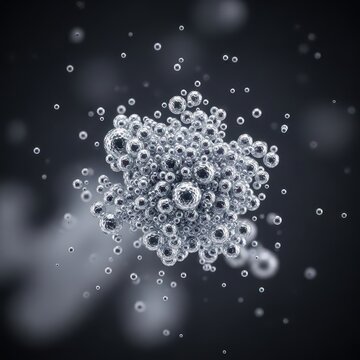 Microscopic view of pure elemental silver nanoparticles suspended in clear liquid solution, highlighting potential health supplements, detail, abstract, drops