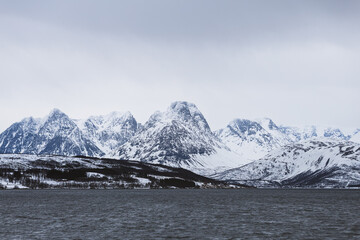 Snow-covered peaks of the Lyngen Alps in northern Norway under clear Arctic sky. Dramatic alpine terrain with rugged ridges and untouched winter landscape © Fauren